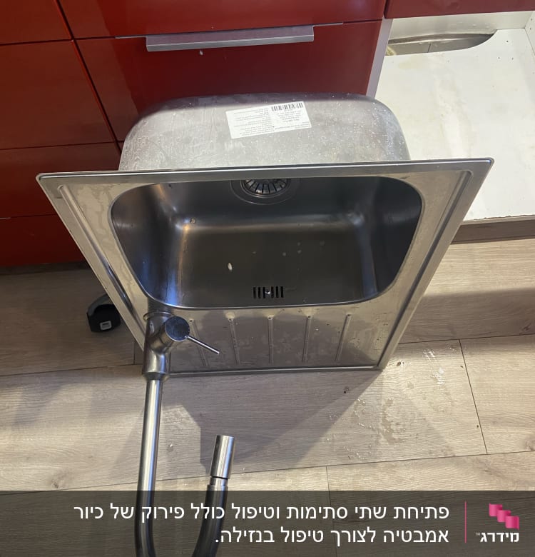 פתיחת שתי סתימות וטיפול כולל פירוק של כיור אמבטיה לצורך טיפול בנזילה.